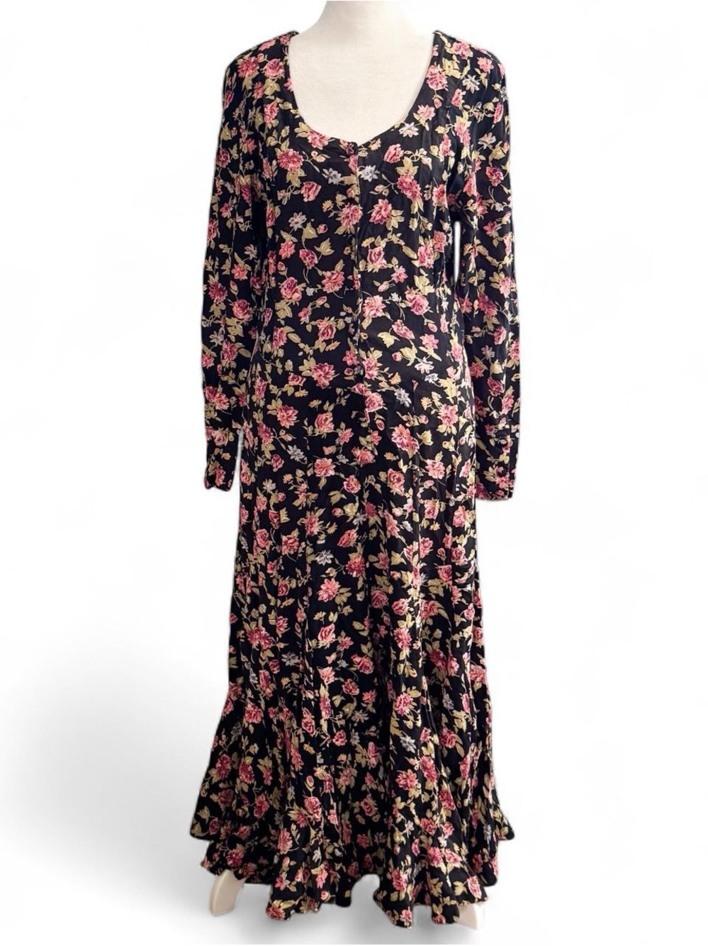 Vintage Nostalgia Black Floral Rayon Maxi Dress – Size M (11/12)